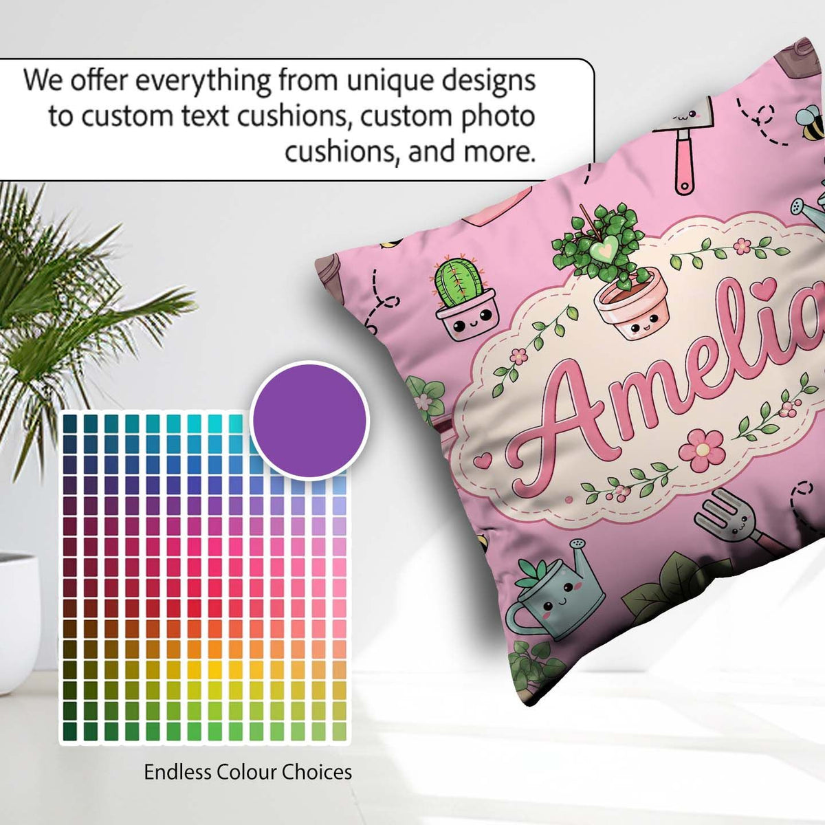 Custom Name Kawaii Garden Tools Plants Bees Soft Pink Background Square Filled Cushion Throw Pillow Sofa Bed Home Decor Zip Washable UK Made