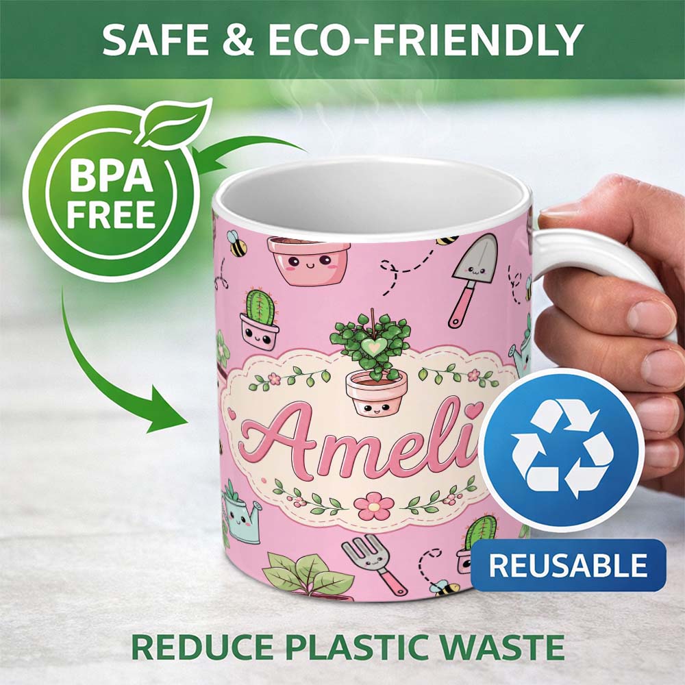 Personalized Custom Name Cute Kawaii Garden Tools Plants Bees Soft Pink Background Seamless 11oz Ceramic Coffee Tea Mug White Large Handle