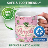 Personalized Custom Name Cute Kawaii Garden Tools Plants Bees Soft Pink Background Seamless 11oz Ceramic Coffee Tea Mug White Large Handle