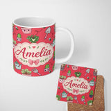 Personalized Custom Name Cute Kawaii Garden Tools Plants Bees Red Background Seamless 11oz Ceramic Coffee Tea Mug White Large Handle