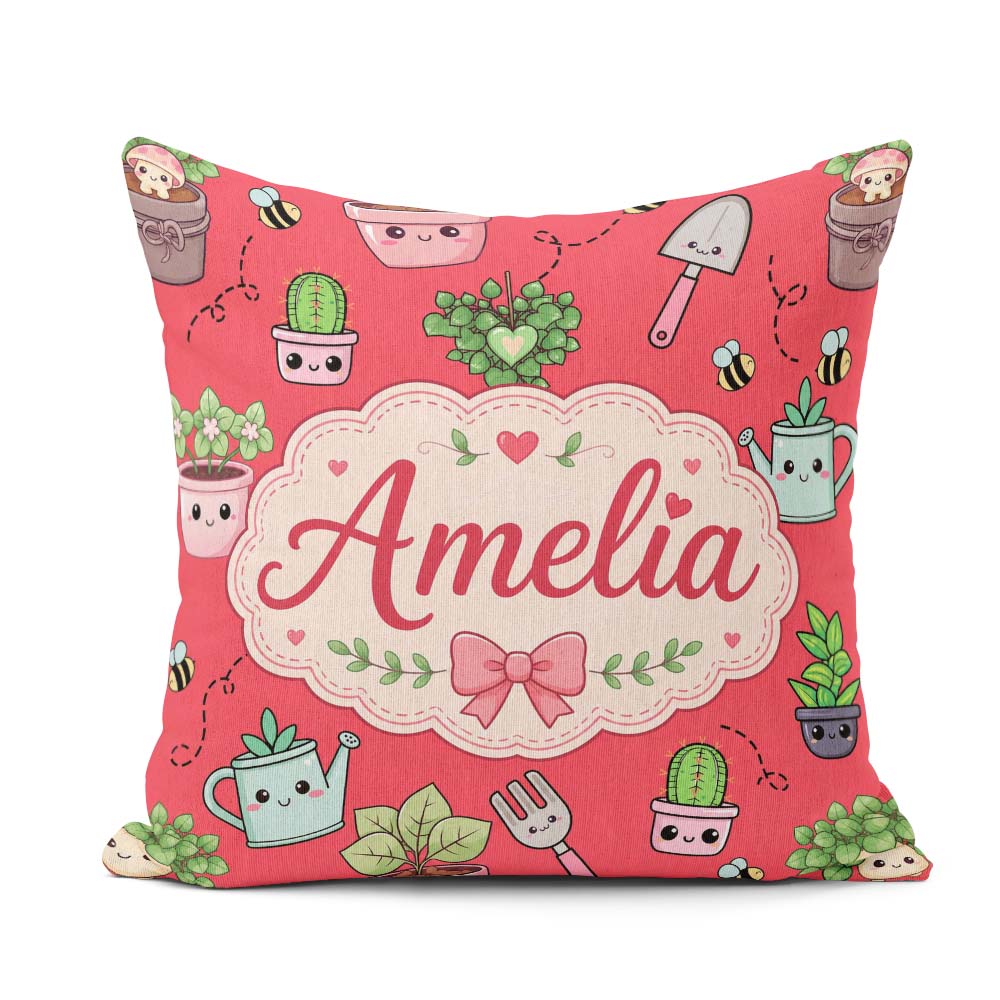 Custom Name Cute Kawaii Garden Tools Plants Bees Red Background Square Filled Cushion Throw Pillow Sofa Bed Home Decor Zip Washable UK Made