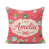 Custom Name Cute Kawaii Garden Tools Plants Bees Red Background Square Filled Cushion Throw Pillow Sofa Bed Home Decor Zip Washable UK Made