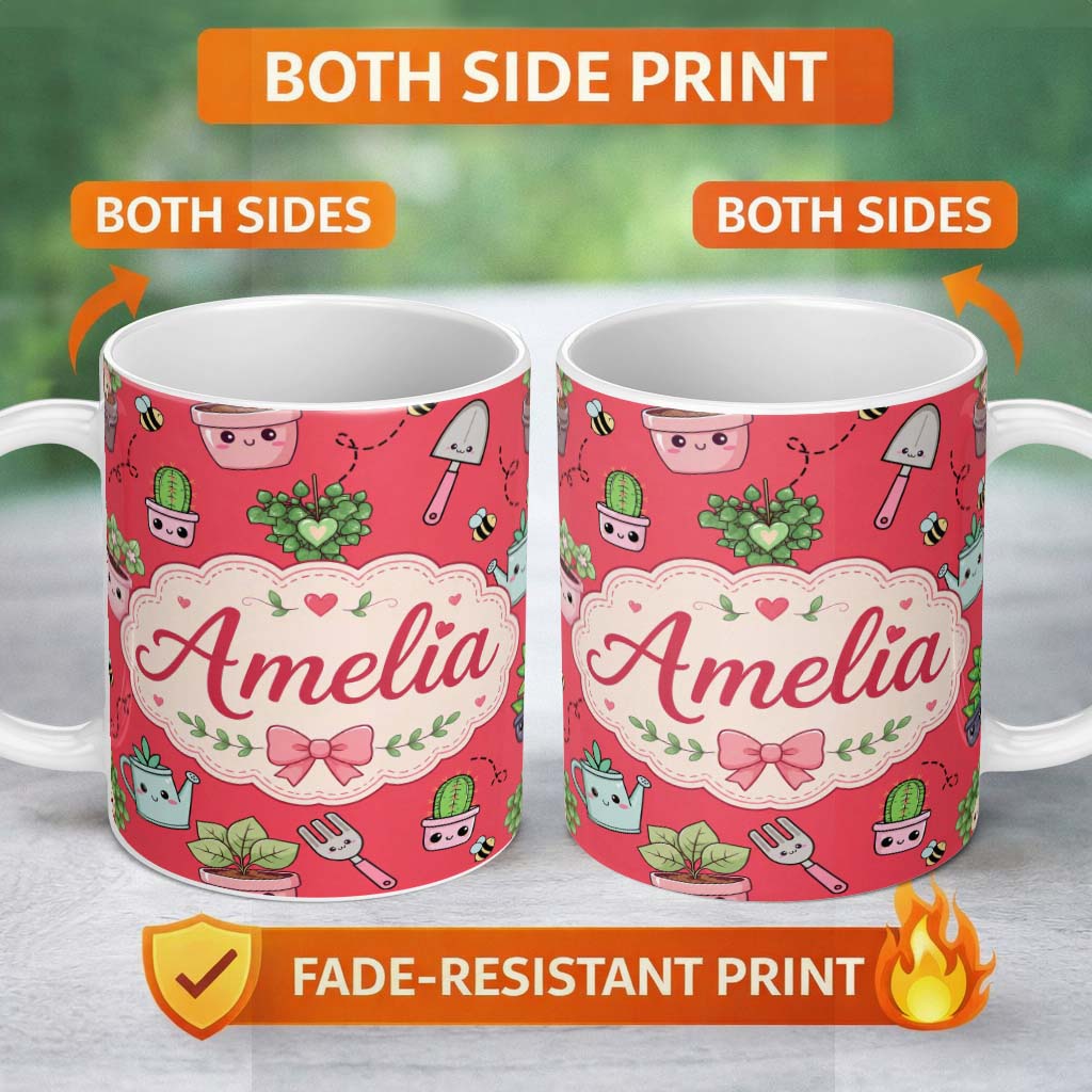 Personalized Custom Name Cute Kawaii Garden Tools Plants Bees Red Background Seamless 11oz Ceramic Coffee Tea Mug White Large Handle
