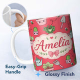 Personalized Custom Name Cute Kawaii Garden Tools Plants Bees Red Background Seamless 11oz Ceramic Coffee Tea Mug White Large Handle