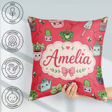 Custom Name Cute Kawaii Garden Tools Plants Bees Red Background Square Filled Cushion Throw Pillow Sofa Bed Home Decor Zip Washable UK Made