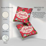 Custom Name Cute Kawaii Garden Tools Plants Bees Red Background Square Filled Cushion Throw Pillow Sofa Bed Home Decor Zip Washable UK Made