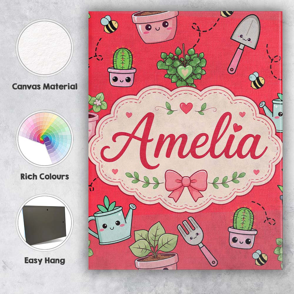 Personalised Name Cute Kawaii Garden Tools Custom  Unique Gift Idea Elegant Feature Canvas Wall Art Print Decor Picture Ready to Hang