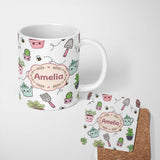 Personalized Custom Name Cute Kawaii Garden Tools Plants Bees Grey Background Seamless 11oz Ceramic Coffee Tea Mug White Large Handle