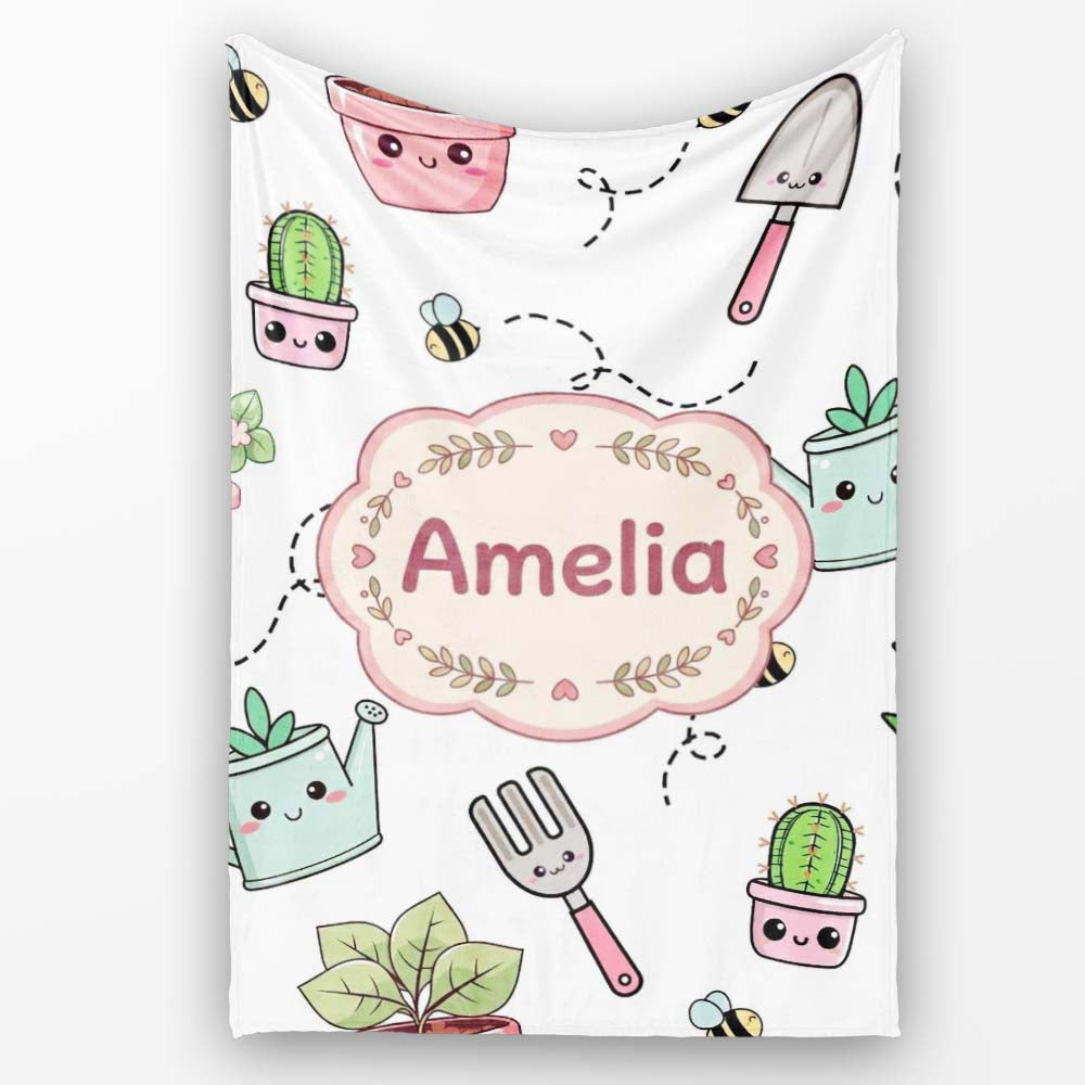 Cute Kawaii Garden Tools Plants Bees Grey Background Seamless  Personalised Custom Name Super Soft Fleece Blanket Bed Sofa Throw