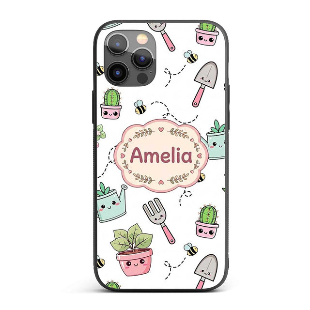Cute Kawaii Garden Tools Plants Printed Design Custom Name Protective Phone Case Mobile Cover Durable Everyday Smartphone Shock Resistant