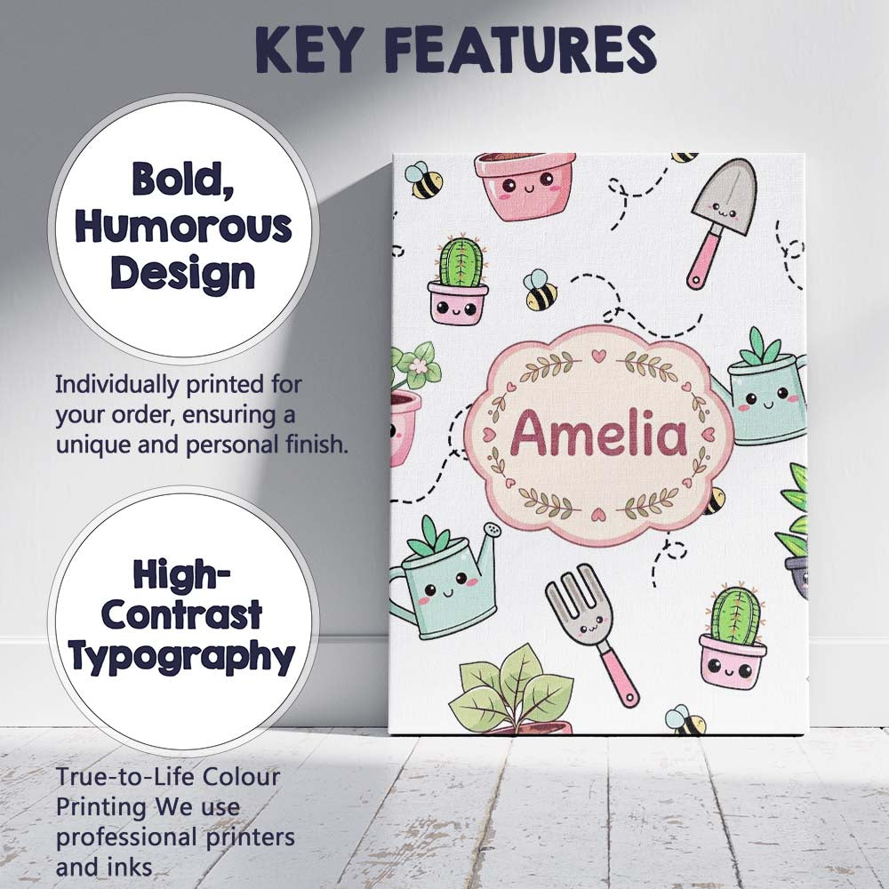 Personalised Name Cute Kawaii Garden Tools Custom  Unique Gift Idea Elegant Feature Canvas Wall Art Print Decor Picture Ready to Hang
