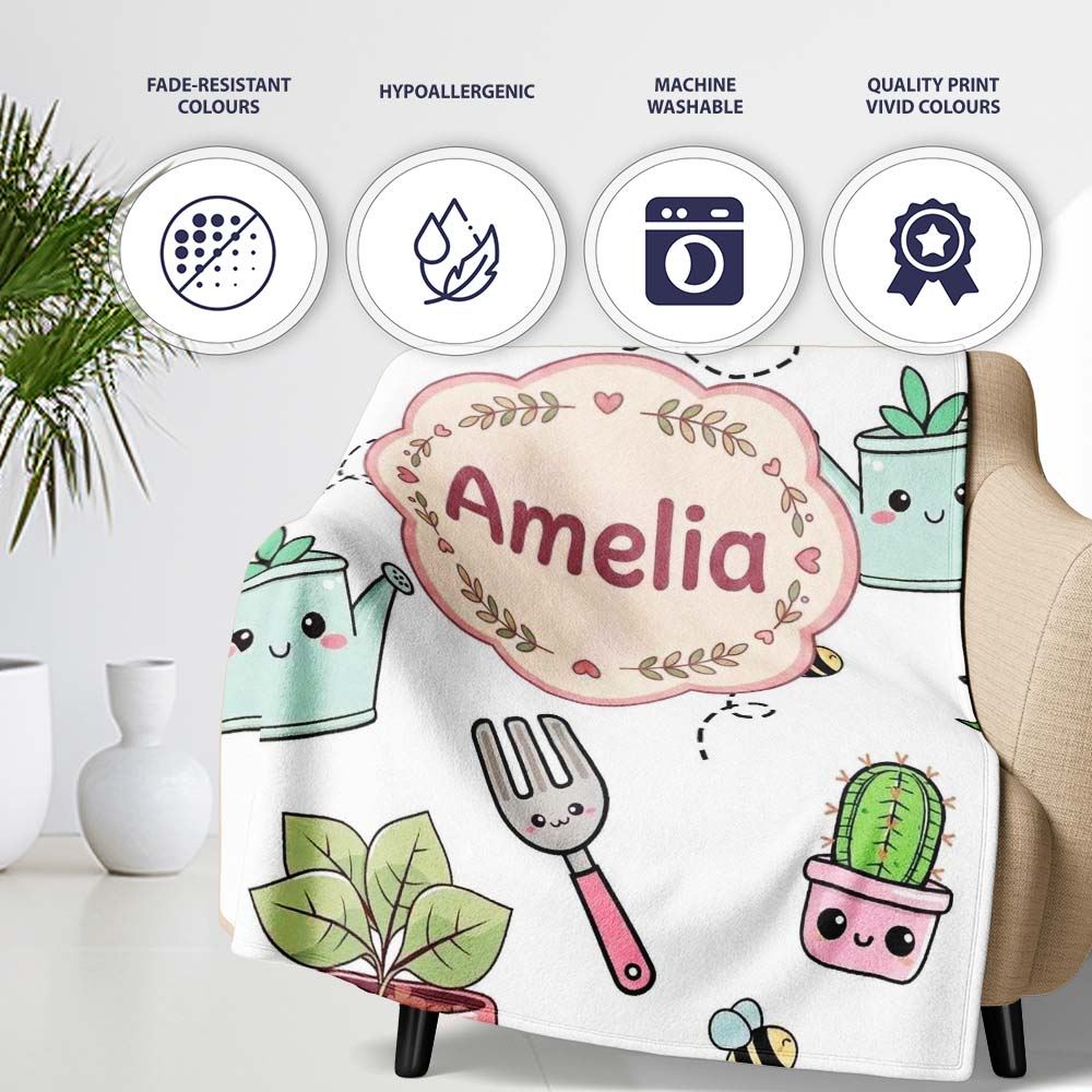 Cute Kawaii Garden Tools Plants Bees Grey Background Seamless  Personalised Custom Name Super Soft Fleece Blanket Bed Sofa Throw