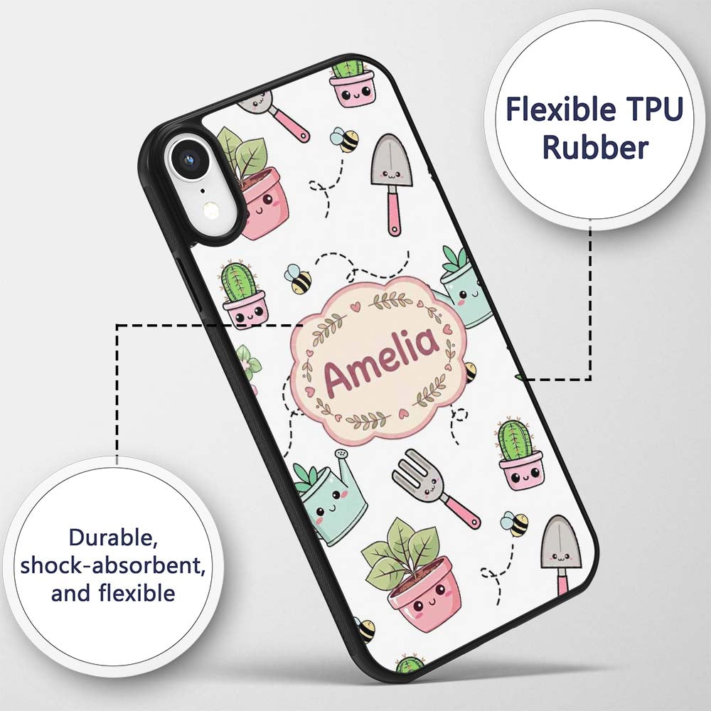 Cute Kawaii Garden Tools Plants Printed Design Custom Name Protective Phone Case Mobile Cover Durable Everyday Smartphone Shock Resistant