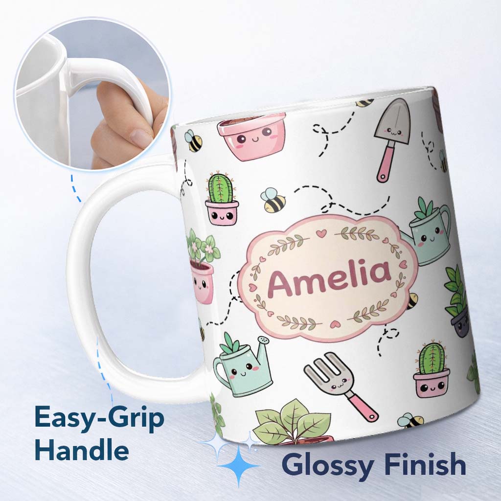 Personalized Custom Name Cute Kawaii Garden Tools Plants Bees Grey Background Seamless 11oz Ceramic Coffee Tea Mug White Large Handle