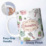 Personalized Custom Name Cute Kawaii Garden Tools Plants Bees Grey Background Seamless 11oz Ceramic Coffee Tea Mug White Large Handle