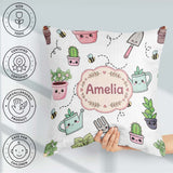 Custom Name Cute Kawaii Garden Tools Plants Bees Grey Background Square Filled Cushion Throw Pillow Sofa Bed Home Decor Zip Washable UK Made
