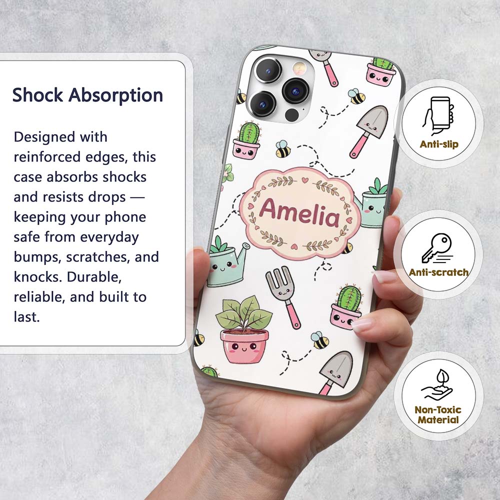 Cute Kawaii Garden Tools Plants Printed Design Custom Name Protective Phone Case Mobile Cover Durable Everyday Smartphone Shock Resistant