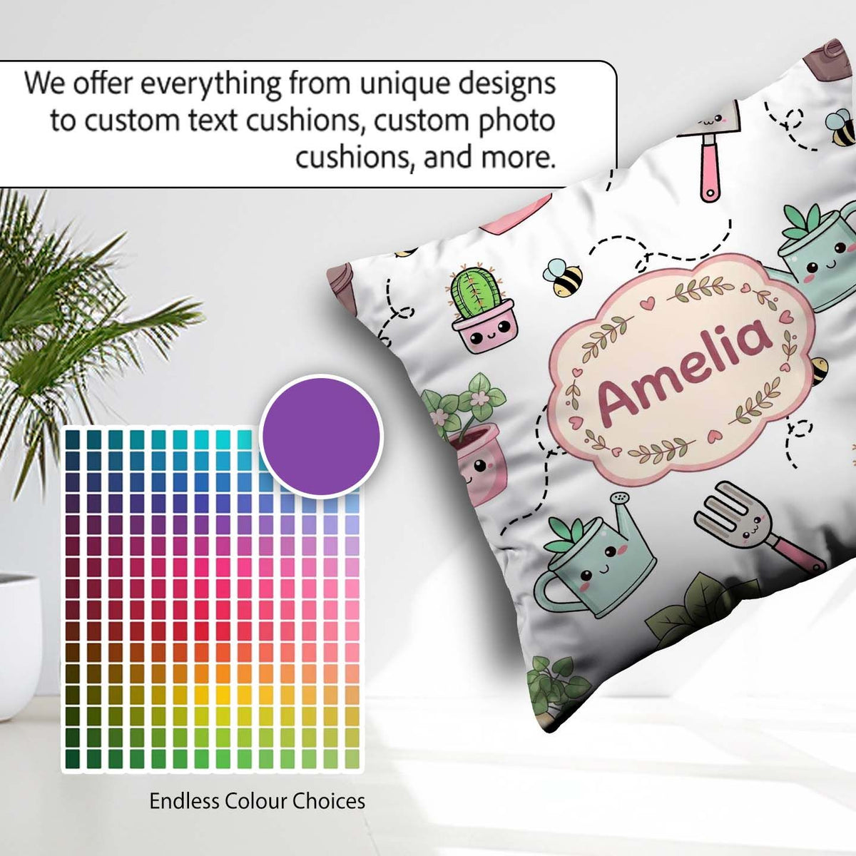Custom Name Cute Kawaii Garden Tools Plants Bees Grey Background Square Filled Cushion Throw Pillow Sofa Bed Home Decor Zip Washable UK Made