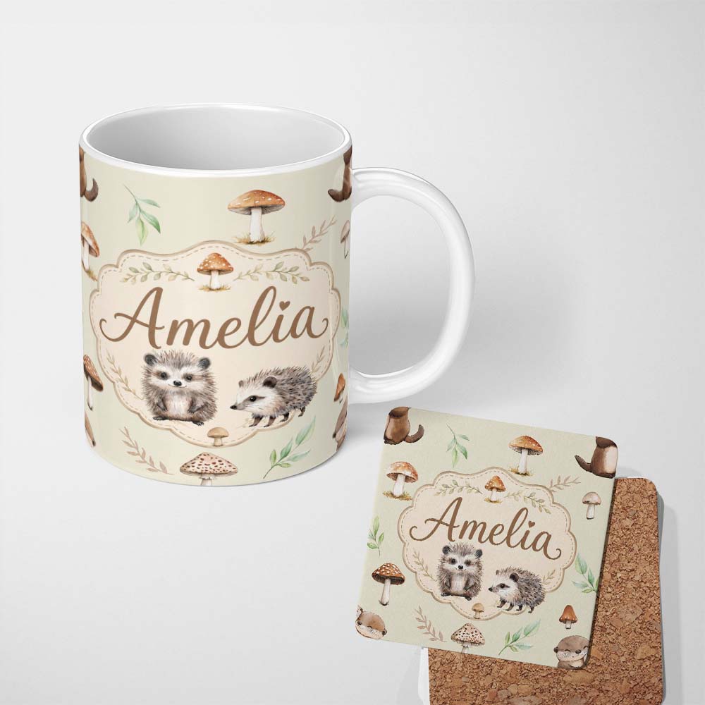 Personalized Custom Name Woodland Hedgehogs with Mushrooms Leaves Soft Beige Seamless 11oz Ceramic Coffee Tea Mug White Large Handle