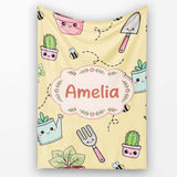 Cute Kawaii Garden Tools Plants Bees Yellow Background Seamless  Personalised Custom Name Super Soft Fleece Blanket Bed Sofa Throw