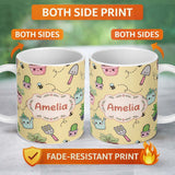Personalized Custom Name Cute Kawaii Garden Tools Plants Bees Yellow Background Seamless 11oz Ceramic Coffee Tea Mug White Large Handle