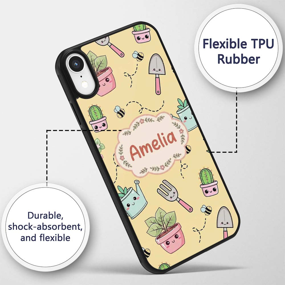 Cute Kawaii Garden Tools Plants Printed Design Custom Name Protective Phone Case Mobile Cover Durable Everyday Smartphone Shock Resistant
