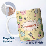 Personalized Custom Name Cute Kawaii Garden Tools Plants Bees Yellow Background Seamless 11oz Ceramic Coffee Tea Mug White Large Handle
