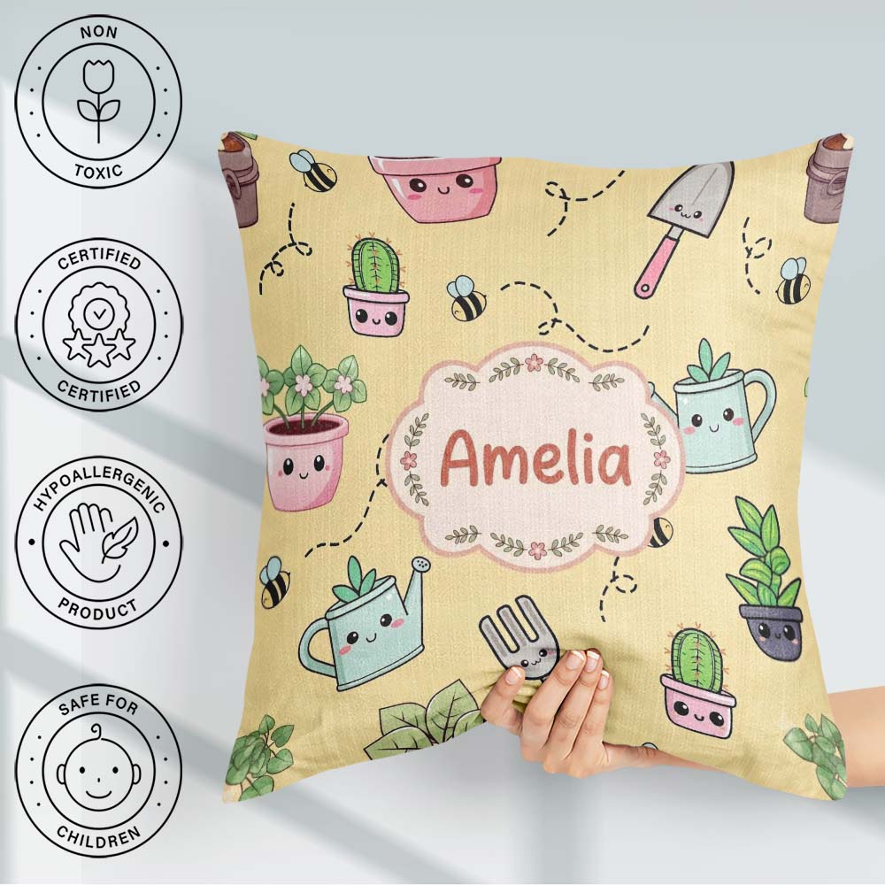 Custom Name Cute Kawaii Garden Tools Plants Bees Yellow Seamless Square Filled Cushion Throw Pillow Sofa Bed Home Decor Zip Washable UK Made