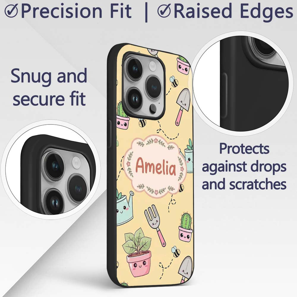Cute Kawaii Garden Tools Plants Printed Design Custom Name Protective Phone Case Mobile Cover Durable Everyday Smartphone Shock Resistant