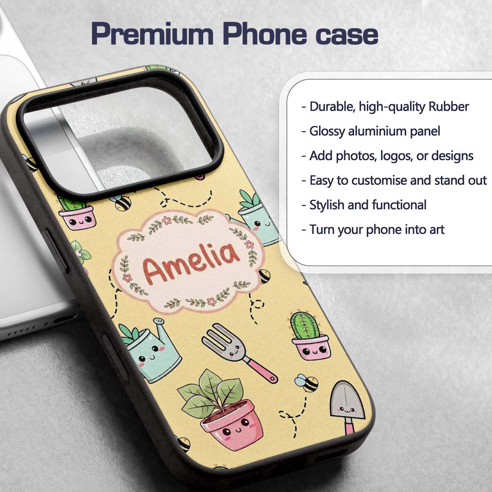 Cute Kawaii Garden Tools Plants Printed Design Custom Name Protective Phone Case Mobile Cover Durable Everyday Smartphone Shock Resistant