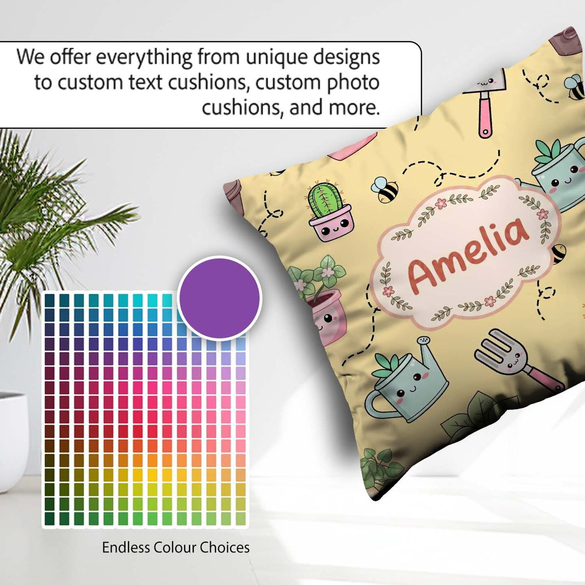 Custom Name Cute Kawaii Garden Tools Plants Bees Yellow Seamless Square Filled Cushion Throw Pillow Sofa Bed Home Decor Zip Washable UK Made