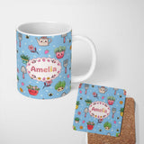 Personalized Custom Name Cute Kawaii Garden Tools Flowers Bees Blue Background Seamless 11oz Ceramic Coffee Tea Mug White Large Handle