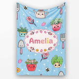 Cute Kawaii Garden Tools Flowers Bees Blue Background Seamless  Personalised Custom Name Super Soft Fleece Blanket Bed Sofa Throw