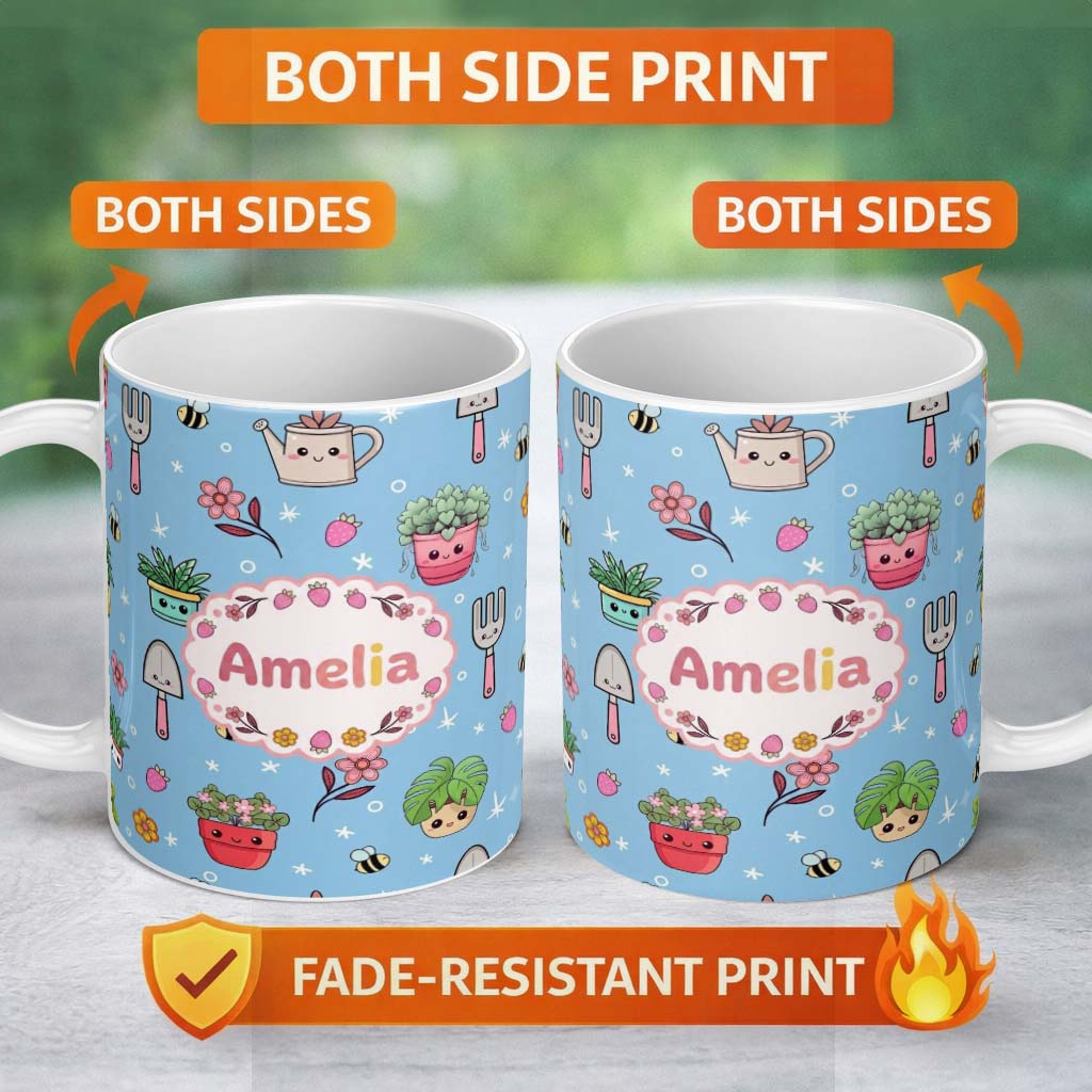 Personalized Custom Name Cute Kawaii Garden Tools Flowers Bees Blue Background Seamless 11oz Ceramic Coffee Tea Mug White Large Handle