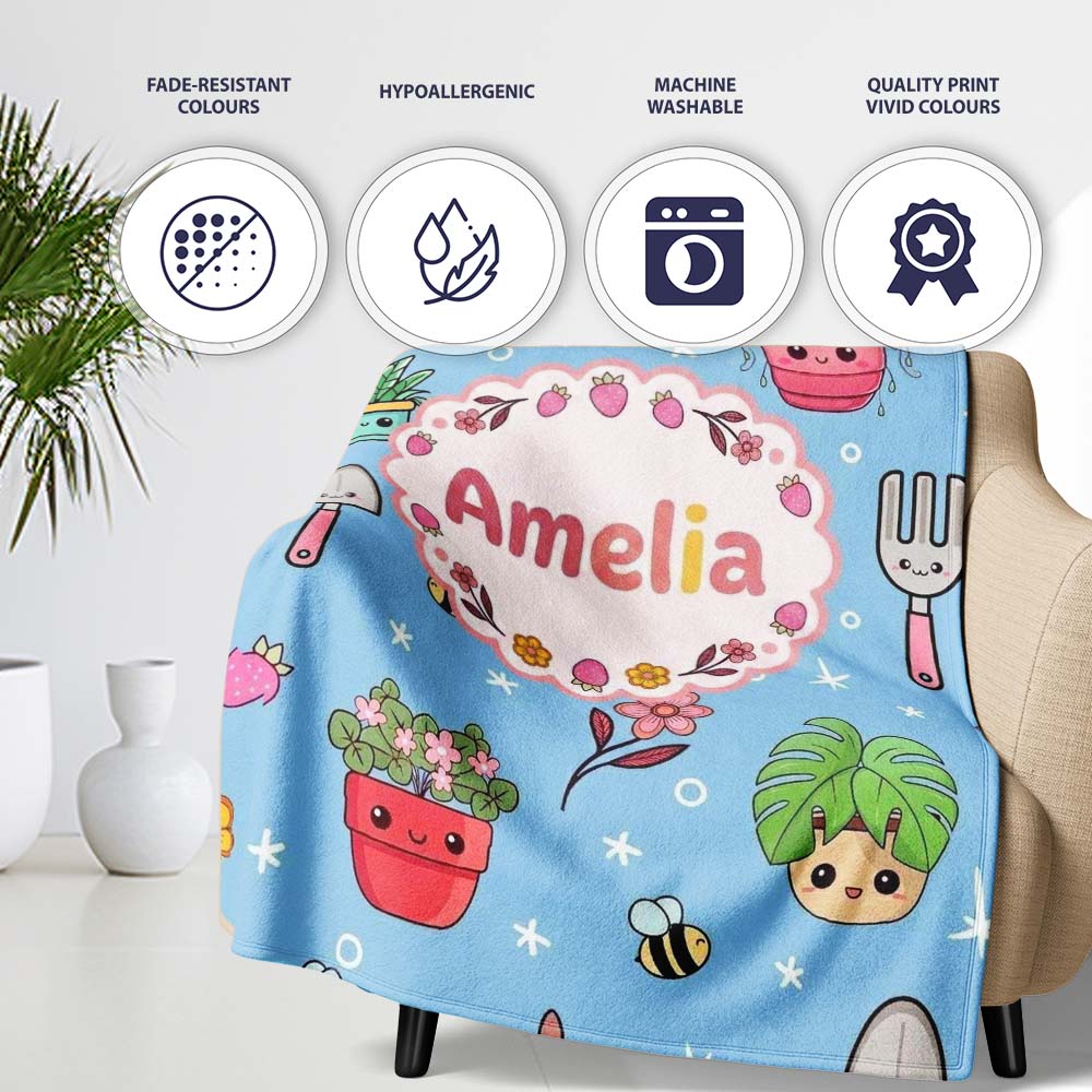 Cute Kawaii Garden Tools Flowers Bees Blue Background Seamless  Personalised Custom Name Super Soft Fleece Blanket Bed Sofa Throw