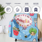 Cute Kawaii Garden Tools Flowers Bees Blue Background Seamless  Personalised Custom Name Super Soft Fleece Blanket Bed Sofa Throw