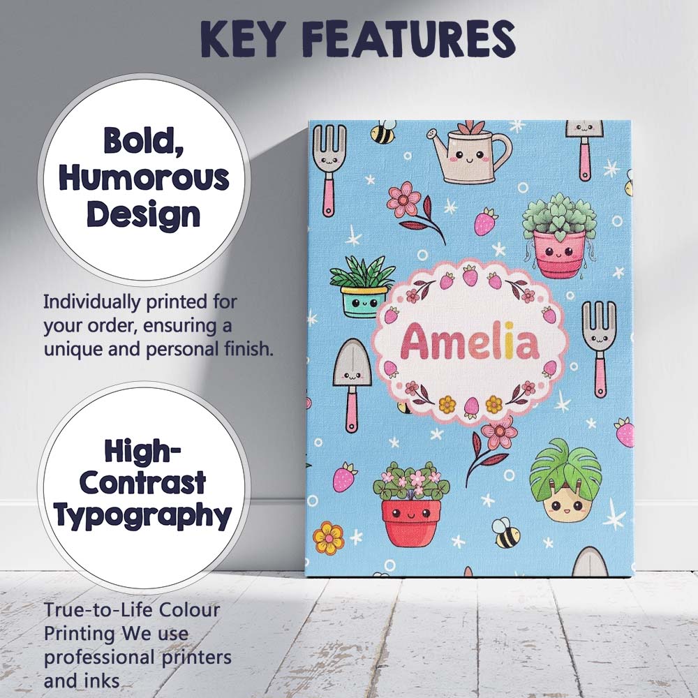 Personalised Name Cute Kawaii Garden Tools Custom  Unique Gift Idea Elegant Feature Canvas Wall Art Print Decor Picture Ready to Hang
