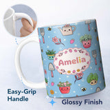Personalized Custom Name Cute Kawaii Garden Tools Flowers Bees Blue Background Seamless 11oz Ceramic Coffee Tea Mug White Large Handle