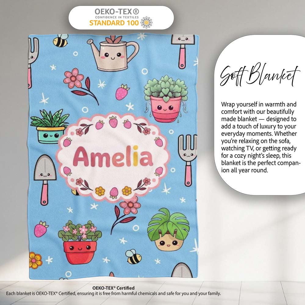 Cute Kawaii Garden Tools Flowers Bees Blue Background Seamless  Personalised Custom Name Super Soft Fleece Blanket Bed Sofa Throw