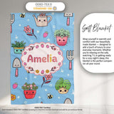 Cute Kawaii Garden Tools Flowers Bees Blue Background Seamless  Personalised Custom Name Super Soft Fleece Blanket Bed Sofa Throw