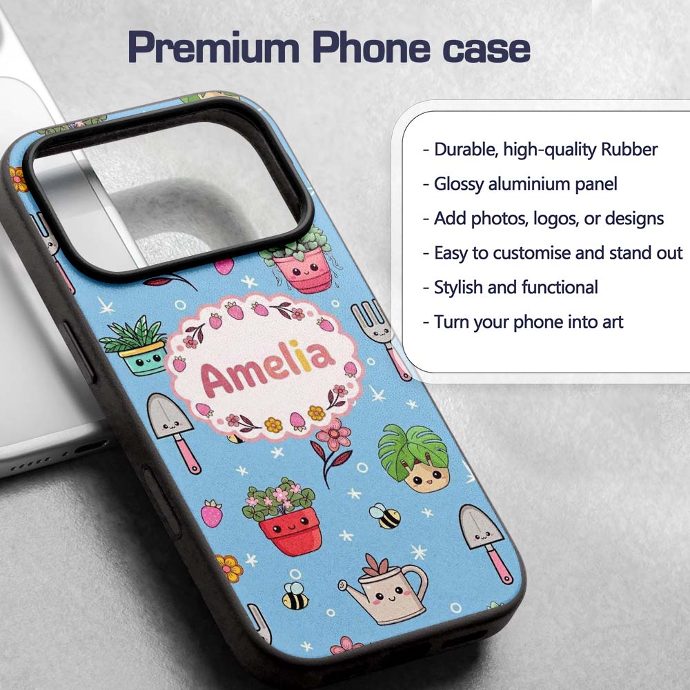 Cute Kawaii Garden Tools Flowers Printed Design Custom Name Protective Phone Case Mobile Cover Durable Everyday Smartphone Shock Resistant