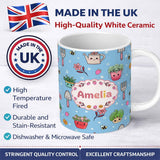 Personalized Custom Name Cute Kawaii Garden Tools Flowers Bees Blue Background Seamless 11oz Ceramic Coffee Tea Mug White Large Handle
