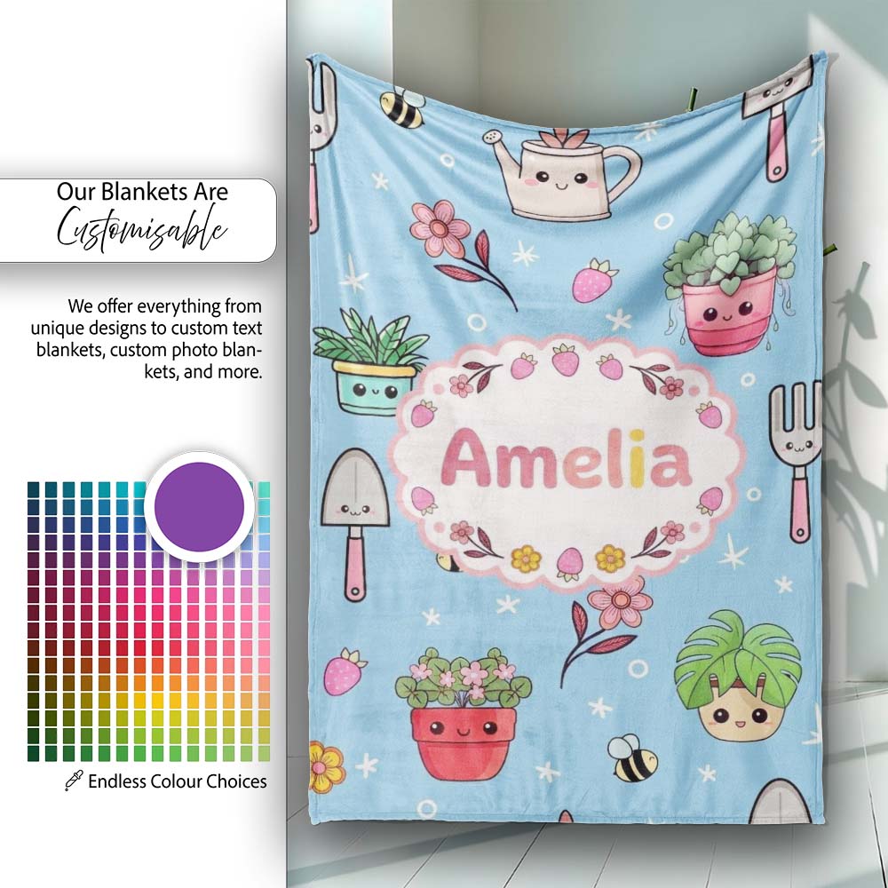 Cute Kawaii Garden Tools Flowers Bees Blue Background Seamless  Personalised Custom Name Super Soft Fleece Blanket Bed Sofa Throw