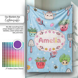 Cute Kawaii Garden Tools Flowers Bees Blue Background Seamless  Personalised Custom Name Super Soft Fleece Blanket Bed Sofa Throw