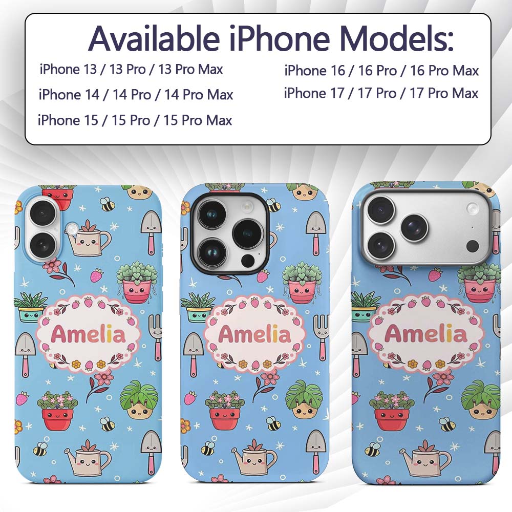 Cute Kawaii Garden Tools Flowers Printed Design Custom Name Protective Phone Case Mobile Cover Durable Everyday Smartphone Shock Resistant