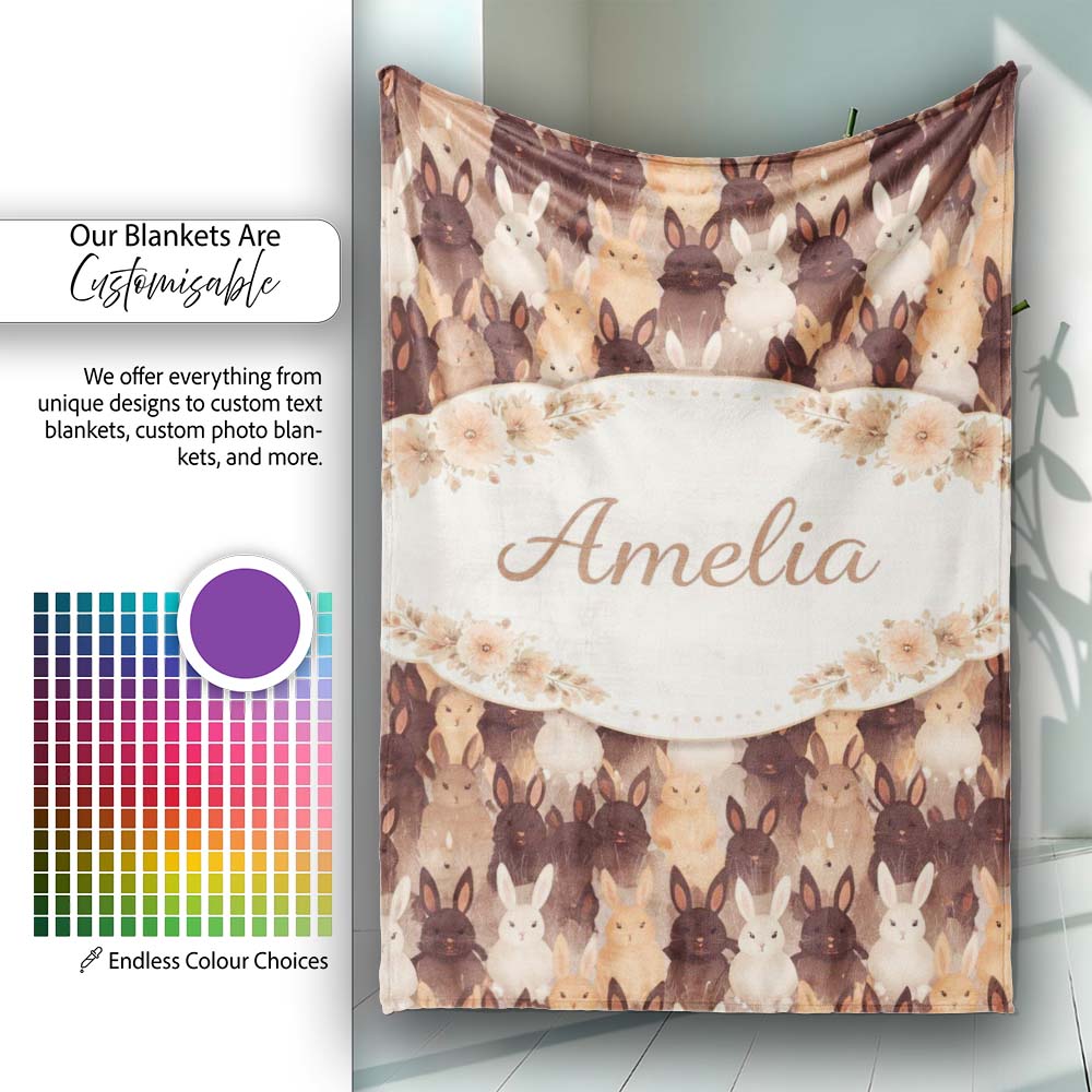 Mixed Color Cute Bunny Crowd Soft Texture Seamless Pattern Lovely  Personalised Custom Name Super Soft Fleece Blanket Bed Sofa Throw