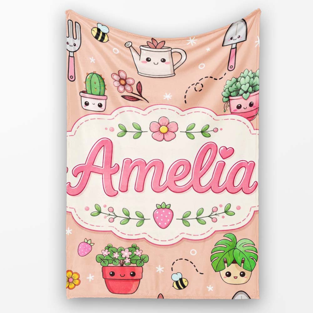 Cute Kawaii Garden Tools Flowers Bees Peach Background Seamless  Personalised Custom Name Super Soft Fleece Blanket Bed Sofa Throw