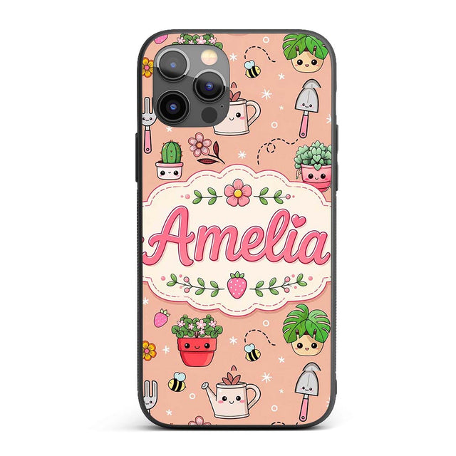 Cute Kawaii Garden Tools Flowers Printed Design Custom Name Protective Phone Case Mobile Cover Durable Everyday Smartphone Shock Resistant