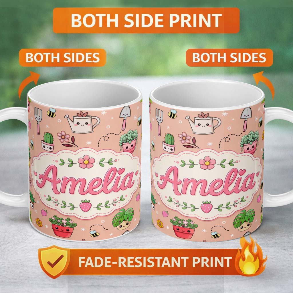 Personalized Custom Name Cute Kawaii Garden Tools Flowers Bees Peach Background Seamless 11oz Ceramic Coffee Tea Mug White Large Handle