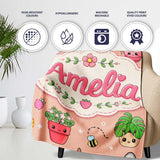 Cute Kawaii Garden Tools Flowers Bees Peach Background Seamless  Personalised Custom Name Super Soft Fleece Blanket Bed Sofa Throw